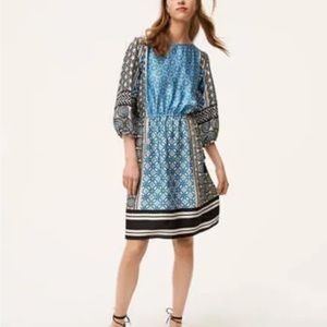 LOFT Blue White, Ocean Mosaic,Tassel Dress, balloon sleeves 3/48$